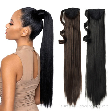 Black Brown 24 inch Long Straight Drawstring Ponytail Hairpiece With Hairpins Pony Tail Hair Extensions Synthetic Ponytail